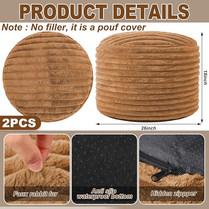 2 Pcs 26 x 18 Inch Unstuffed Pouf Cover Ottoman Foot Rest - No Filler, Faux Rabbit Fur Foot Stool Floor Bean Bag Floor Chair Storage for Living Room Bedroom Home Decor(Brown)