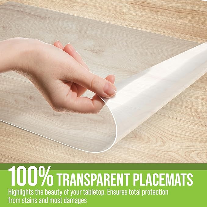 CraftyCrocodile Clear Plastic Placemats Set of 16 - Vinyl Table Protector for Dining, Kitchen, Office, Painting Table, Shelves - Heat Resistant, Crystal Clear, Wipeable Place Mats - 17.5x12