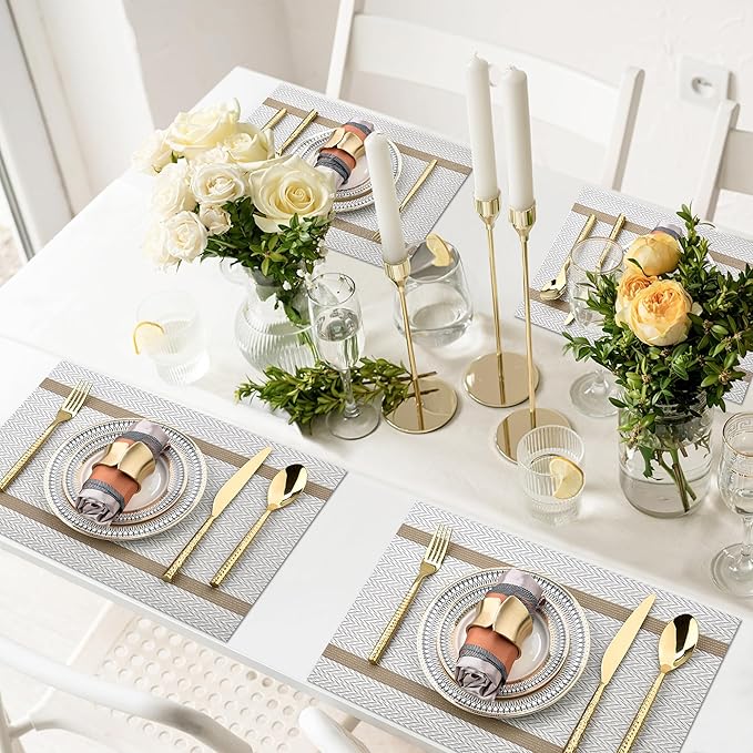 Beige White Placemats Set of 4 - Easy Clean Modern Washable Plastic Place Mats - Heat Resistant Placemats for Kitchen Table - PVC Table Mats for Dining Table(Beige White with Stripes, 4)