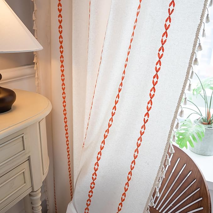 Sutuo Home Boho Curtains 84 inches for Bedroom Living Room, Semi Blackout Embroidery Window Bohemian Tassels Drape for Fall Halloween Decor, Rod Pocket 1 Panel 52" W x 84" L, White and Orange