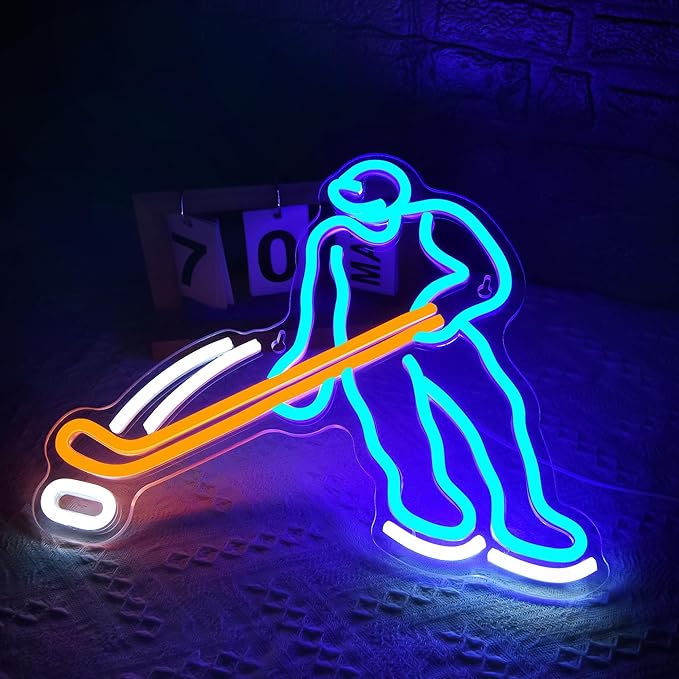 Ice Hockey Neon Sign for Wall Decor Sports Neon Sign for Man Cave Hockey Player LED Light for Garage Decor Dormitory Bar Club Shop Wall Great Birthday Gift for Men Size13.7 * 11.8inch(ZKXD194)
