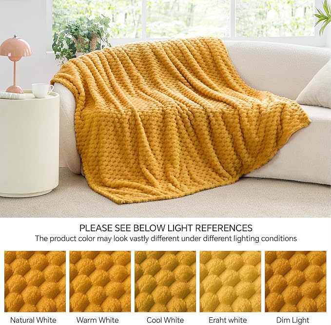 BEDELITE Fleece Blanket Twin Size for Bed Couch, 3D Jacquard Decorative Mustard Yellow Throw, Soft and Cozy Warm Plush Fuzzy Blanket All Seasons Suitable, 60x80Inches