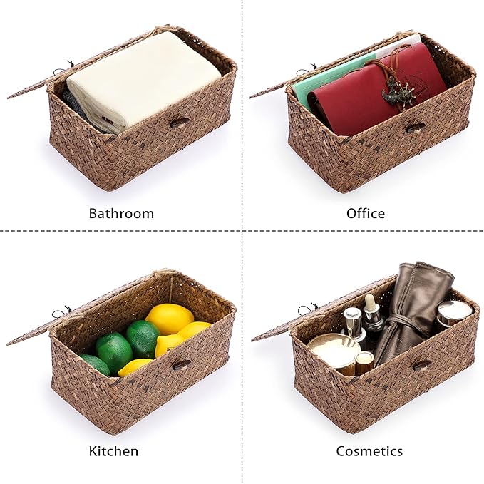 Hipiwe Wicker Shelf Baskets Bin with Lid, Handwoven Seagrass Basket Storage Bins Rectangular Household Basket Boxes for Shelf Wardrobe Home Organizer, Coffee X-Small