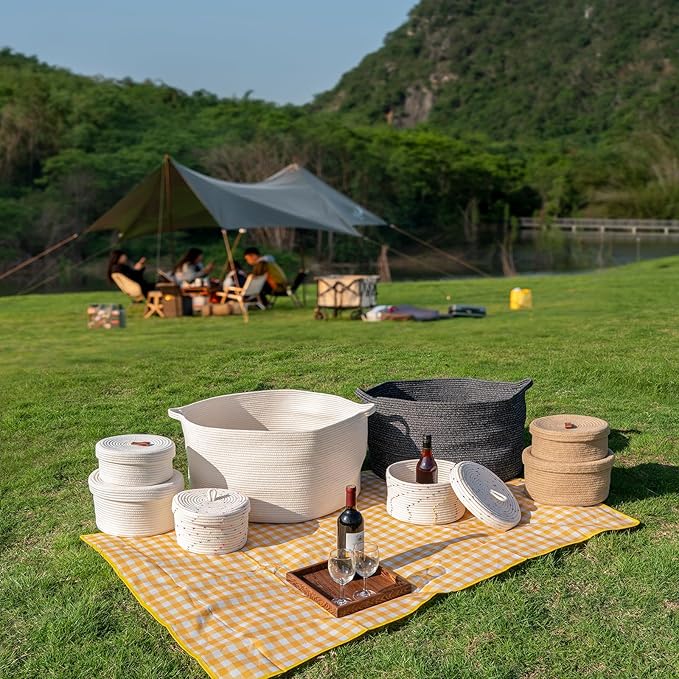 Cotton Basket Set of 2, Round, White, with Genuine Leather Handles, Lidded Storage Baskets for Organizing