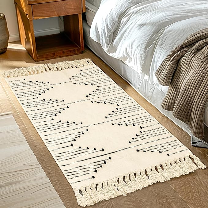 Tritard Boho Washable Area Rug 2x4.3 - Kitchen Bathroom Runner Rug with Tassels, Farmhouse Woven Cotton Entryway Throw Rugs Aztec Hallway Carpet Bath Mat for Bedroom, Laundry, Doorway, Beige Cream