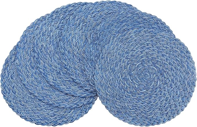 Floroom 15 Inch Round Braided Placemats Set of 6, Washable Heat Resistant Cotton Polyester Circle Boho Place Mats for Kitchen Dining Table - Seascape Blue