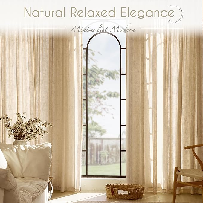 Tan Linen Curtains 108 inches Long for Living Room Back Tab Rustic Farmhouse Semi Sheer Light Filtering Window Curtain Dining Room Soft Thick Flax Linen Textured Drapes Kahki 52x108