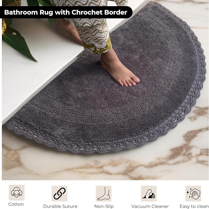 Half Circle Bohemian Bathroom Rug with Handwoven Chrochet Border, Beautifully Handcrafted 100% Cotton Mat - 22x42, Round Boho Bedroom Rug, Boho Bathroom Décor, Machine Washable Grey