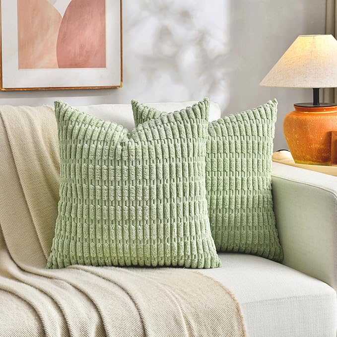 Fancy Homi Set of 4 Spring Boho Decorative Throw Pillow Covers 26x26 Inch for Couch Bed Sofa, Sage Green Yellow Room Decor, Soft Fuzzy Fluffy Cozy Corduroy Textured Cushion Case 66x66cm