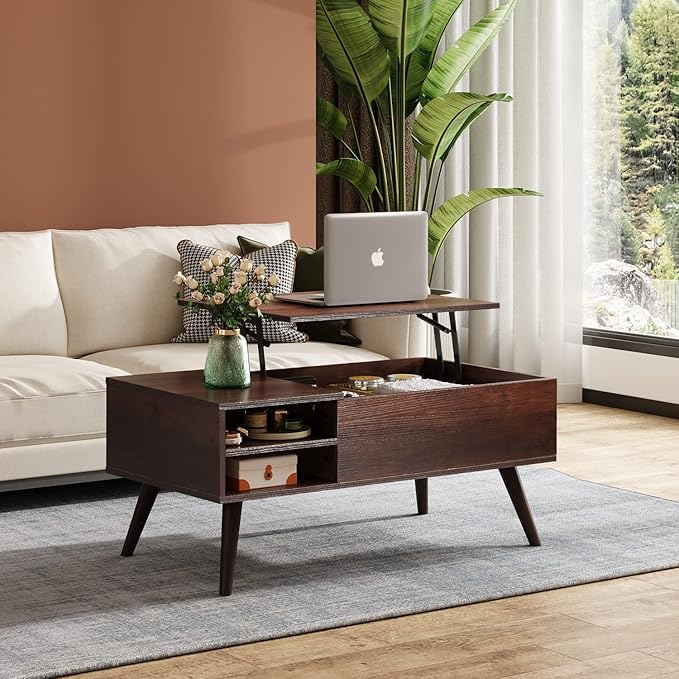 WLIVE Lift Top Coffee Table for Living Room,Small Coffee Table with Storage,Hidden Compartment and Adjustable Shelf,Mid Century Modern, Wood,Cherry,Espresso.