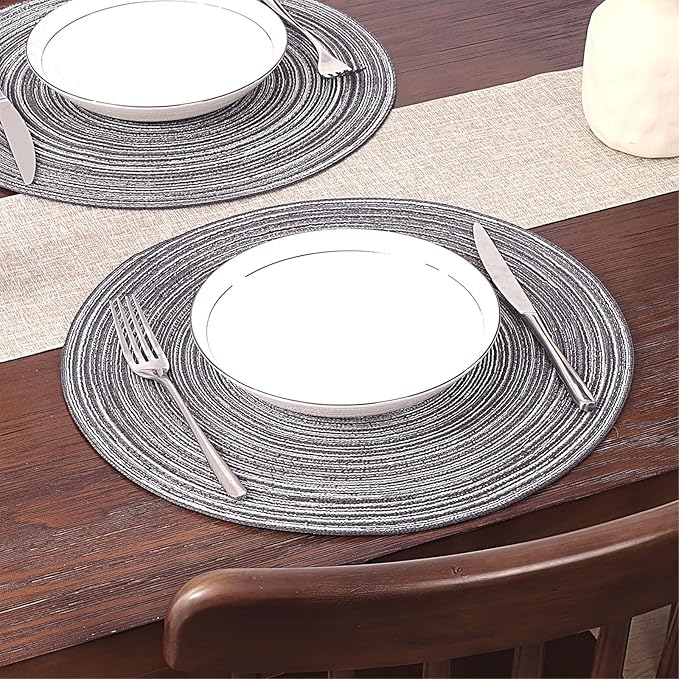 SHACOS Round Braided Placemats Set of 6 Round Table Mats 15 inch Cotton Washable for Holiday Party (Black Grey, 6)