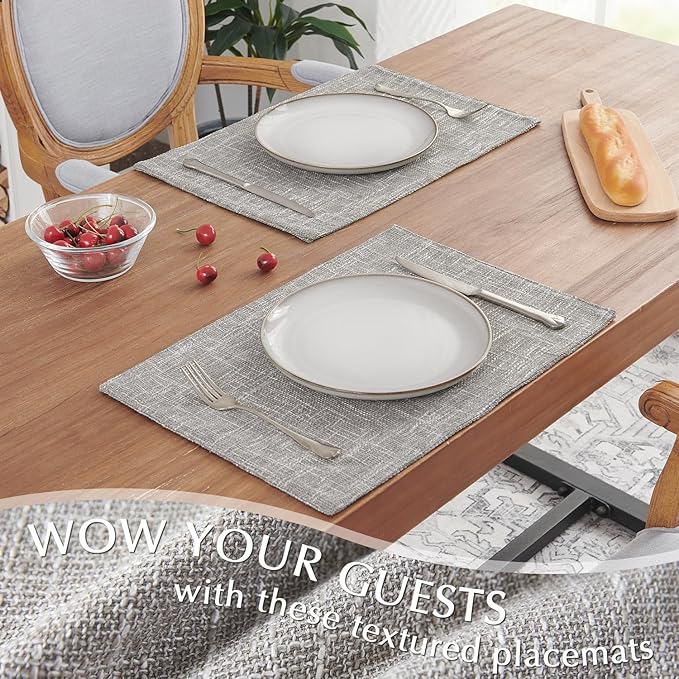 JINCHAN Burlap Textured Placemats Set of Four Farmhouse Cloth Place Mats Gray Table Mats Sturdy Fabric Placemats for Kitchen Dining Table Double Layer Heat Resistant Tablemats 13 x 19 Inch Grey