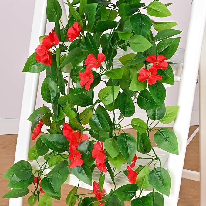 BLEUM CADE Artificial Hanging Flowers for Outdoors, 2pcs Fake Hanging Plants Pothos Vines with Red Flowers for Wall Home Living Room Indoor Outdoor Decor (No Baskets)