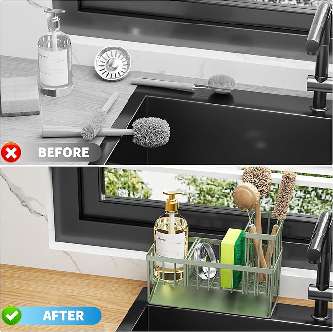 Cisily Kitchen Sink Caddy, Sponge Holder for Kitchen Sink, Kitchen Sink Organzier and Storage with High Brush Holder, 304 Stainless Kitchen Gadgets Sink Accessories, Organizadores de Cocina Sage Green
