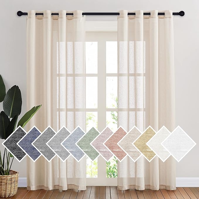 NICETOWN Semi Sheer Beige Curtains 84 inches Long, Grommet Retro Linen Curtains Window Treatments Vertical Drapes Privacy with Light Filter for Living Room, W52 x L84, 2 Panels