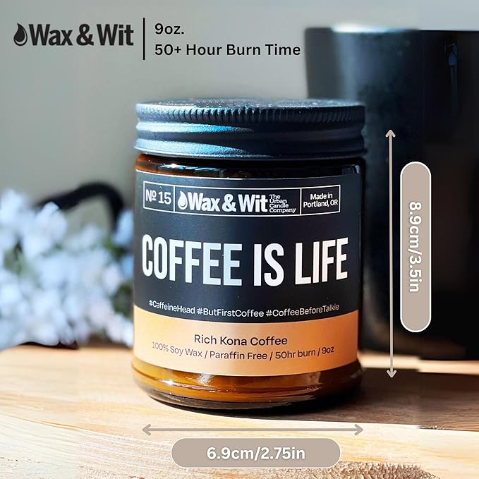 Wax & Wit Funny Soy Coffee Candle Gift for Women - Humorous, Aromatherapy Soy Wax Candle, Ideal for Housewarming, Coworker, Birthday – Rich Kona Coffee - 9oz