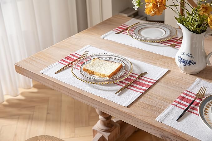 Placemats Set of 4 for Dining Table, Woven Cloth Place Mats for Kitchen Tabletop Décor, Handcrafted Machine Washable Cotton Table mats 13 x 19 Inch, Red and Beige