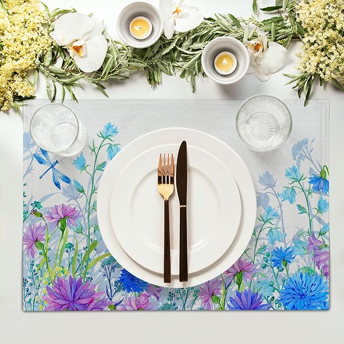 Blue Purple Floral Placemats for Dining Table Set of 4, Butterfly Decoration Spring Seasonal Washable Table Mats for Home Party Kitchen Indoor 12 x 18 Inch