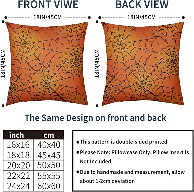 Halloween Spiderweb Pillow Covers 16x16 Set of 2 Orange Black Spider Web Outdoor Decorative Throw Pillows Halloween Scary Themed Farmhouse Pillowcases Linen Cushion Case Decor for Home Sofa Couch Bed