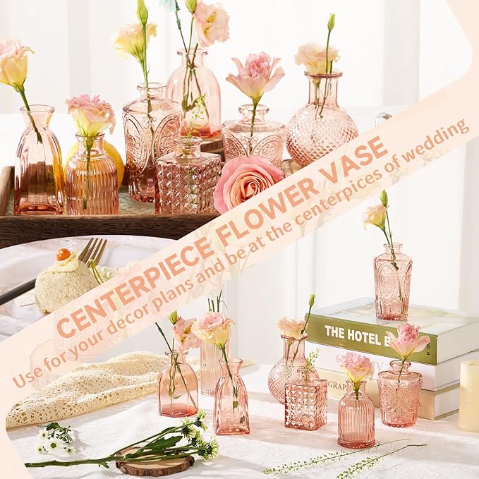 24PCS Mini Bud Vases As Wedding Centerpieces for Tables,Clear Bud Vases for Flowers,Small Flower Vases Suitable for Birthday Party,Anniversary,Wedding Reception,Baby Shower (Pink, 24PCS)
