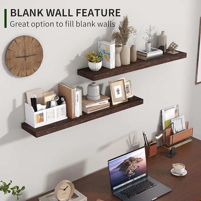 Marsmiles Wood Floating Shelves for Wall Set of 2, 36 Inch Wide Rustic Wooden Floating Shelves, Invisible Wall Mounted Display for Living Room Bedroom Kitchen Bathroom Office, Rustic Brown