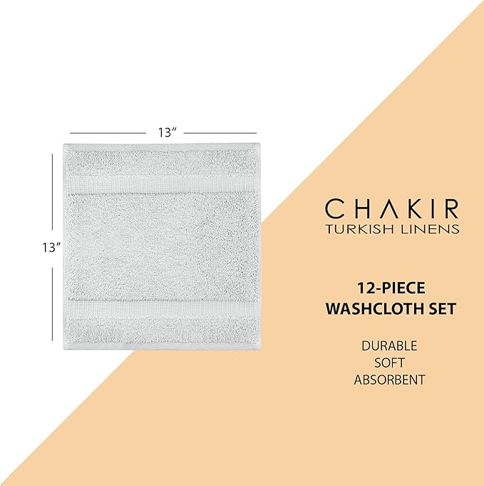 Chakir Turkish Linens | Hotel & Spa Quality 100% Cotton Premium Turkish Towels | Soft & Absorbent (12-Piece Washcloths, Silver Gray)