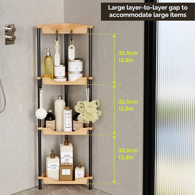 Orimade Rustproof 4 Tier Floor Standing Corner Shower Caddy Organizer, Plastic Metal Splicing Floor Corner Shelf Rack Storage Stands for Bathroom, Wood Grain Surface