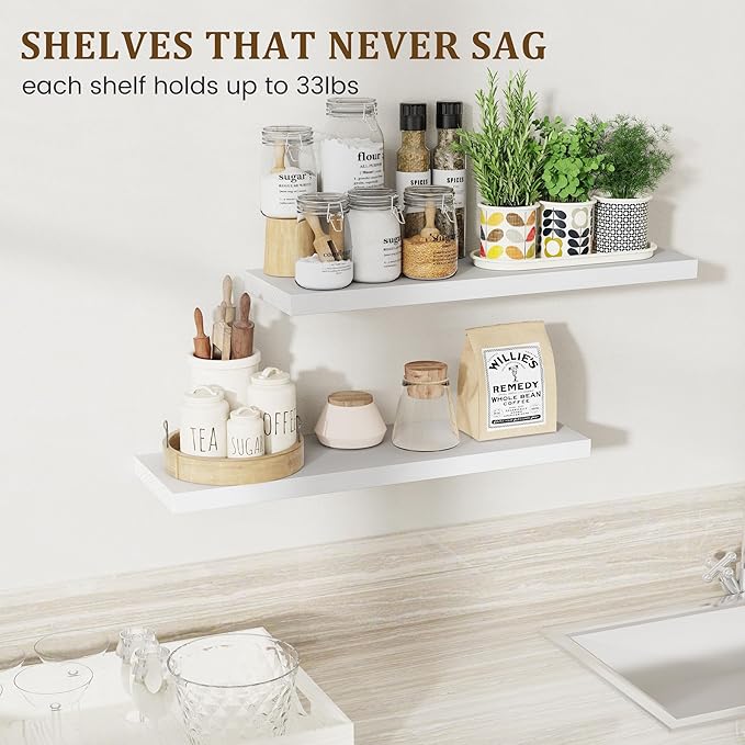 Marsmiles Wood Floating Shelves for Wall Storage, 24 inch Wide Set of 2, Invisible Wall Mounted Rustic Wooden Display Shelves for Living Room Bathroom Bedroom Kitchen Office,White