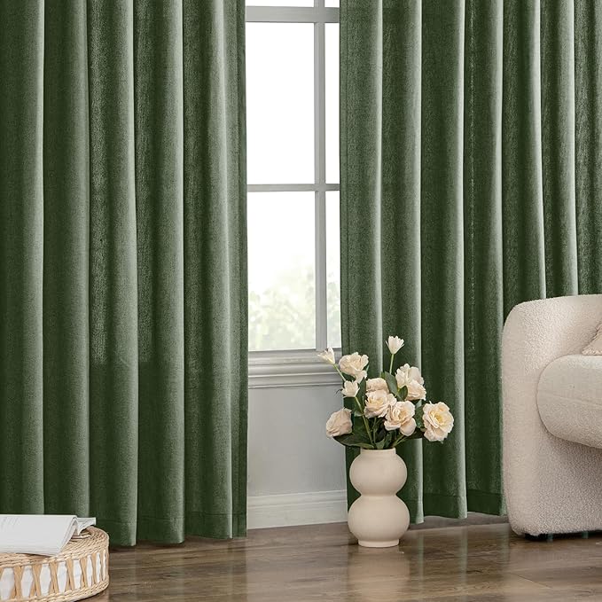 MIULEE Non-See-Through Privacy Linen Curtains 2 Panels, Olive Green Light Filtering Window Curtains Farmhouse Textured Back Tab Semi Sheer Drapes for Bedroom Living Room 90 Inches Long Dark Green