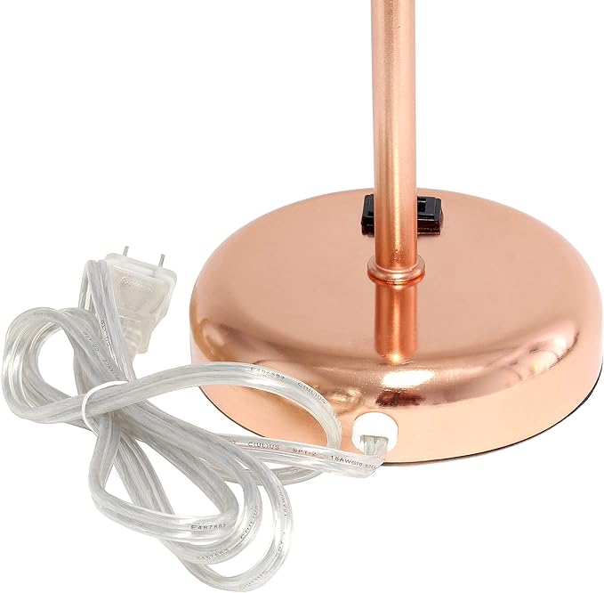 Simple Designs LT2024-RGD-2PK Two Pack Rose Gold Stick Table Desk Lamp Set with Charging Outlet and Drum Fabric Shade for Living Room, Hallway, Nightstand, Office, White Shade