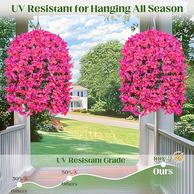 8 Pcs UV Resistant Artificial Flowers for Outdoors, Realistic Faux Silk Bougainvillea Flowers, Fake Hanging Plants for Porch Patio Balcony Decoration (Rose red & Purple)