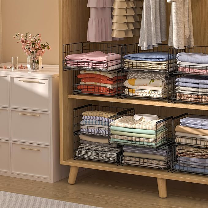 4-Tier Sliding Closet Organizers and Storage Shelves, Stackable Closet Shelf Organizer Basket Bins, Drawer Shelf Storage Container for Wardrobe Cupboard Kitchen Bathroom Office, Black