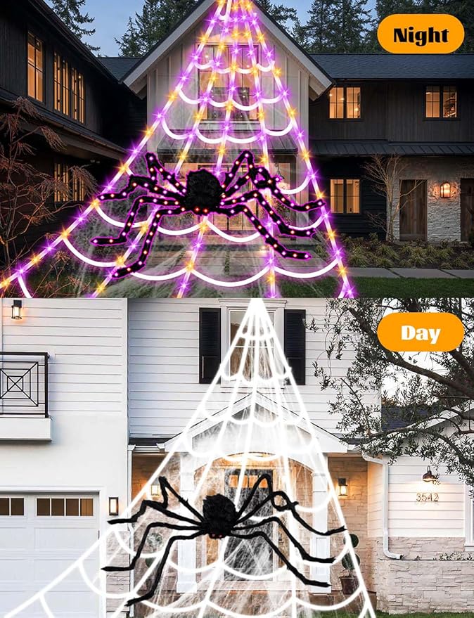 Spider Webs Halloween Decorations Lights - 250 LEDs Outdoor Halloween String Lights with 60" Light Up Spider,8 Modes Remote Control 16.4Ft Spiderweb,Waterproof (Orange+Purple)