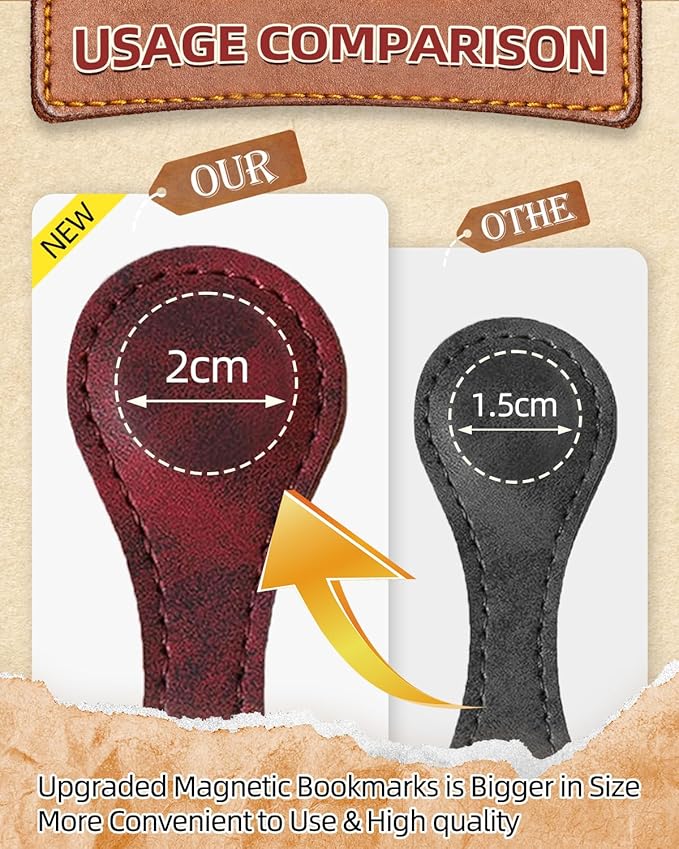 2Pcs Magnetic Leather Bookmarks with Gift Box, Vintage Faux Leather Book Mark, Double-Sided Magnetic Bookmarks Supplies Gift for Men&Women Read Book Lovers (Red + Brown)