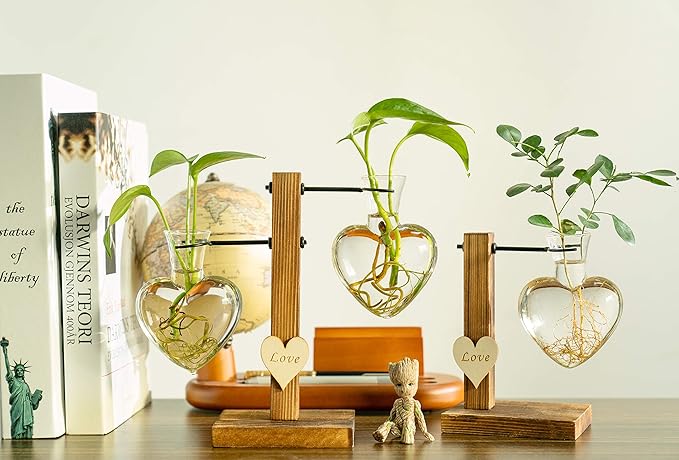 Kingbuy Hydroponic Glass Vase Vintage Desktop Plant Terrarium Planter Bulb Vase Water Planting Propagation Vase Planters Hydroponics Plants with Retro Wooden Stand Home Garden. (D(1 Heart Vase))