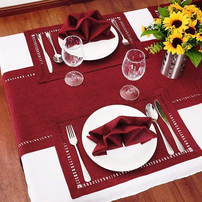 Grelucgo Small Short Handcrafted Solid Color Dining Table Runner, Dresser Scarf, Double-Hemstitched (Burgundy, 14 x 36)