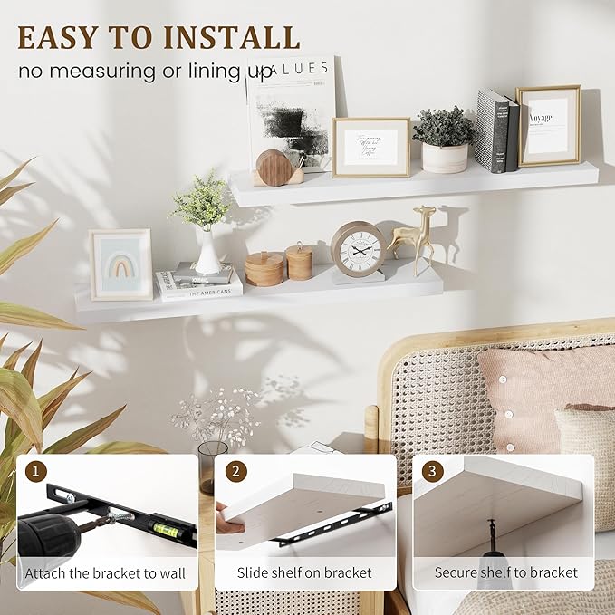 Marsmiles Wood Floating Shelves for Wall Storage, 36 inch Wide Set of 2, Invisible Wall Mounted Rustic Wooden Display Shelves for Living Room Bathroom Bedroom Kitchen Office,White