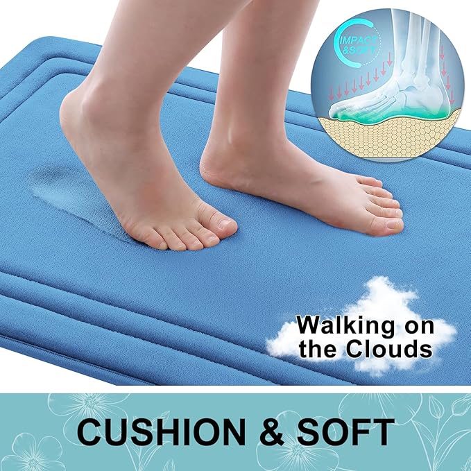 Grandaily Memory Foam Bath Mat Rug 30x20, Ultra Soft, Non-Slip and Absorbent Bathroom Rugs, Machine Wash Dry, Comfortable Bath Carpet for Bathroom Floor, Tub and Shower, Blue