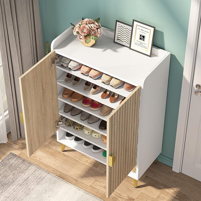 Tribesigns Shoe Cabinet with Doors, 7-Tier Shoe Storage Cabinet with Adjustable Shelves, Wooden Shoes Rack Shoe Storage Organizer for Entryway, Hallway, Closet, Living Room, Wood and Gold
