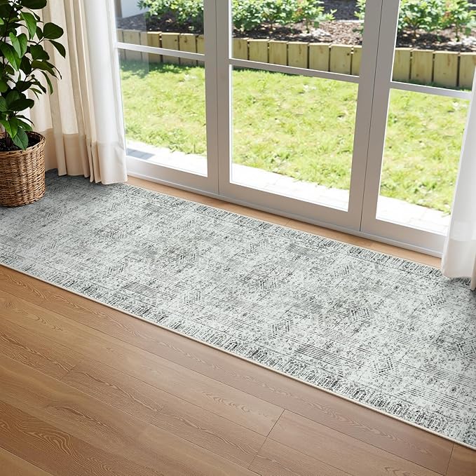 Lahome Long Hallway Runner Rug 10ft, Abstract Machine Washable Kitchen Rugs, Soft Non-Slip Gray Carpet Runner for Bathroom Laundry Room Office Sliding Door Entrance
