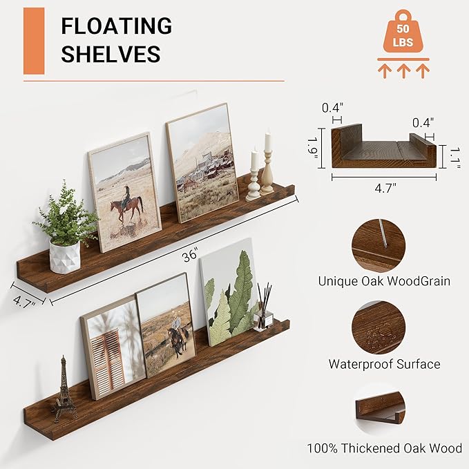 Picture Ledge Shelf,Oak Floating Shelves Set of 2, 36 Inches Rustic Large Wall Shelves Picture Ledge Shelf for Bedroom Living Room Bathroom Kitchen,Wall Mounted Shelves for Wall Decor
