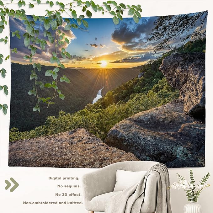 BaoNews Golden Natural Sunset Tapestry,Landscape Virginia Mountain Large Wall Hanging Polyester Tablecloths Tapestry Bedroom Room Living Room Dorm 39.4 x 59.1 Inches