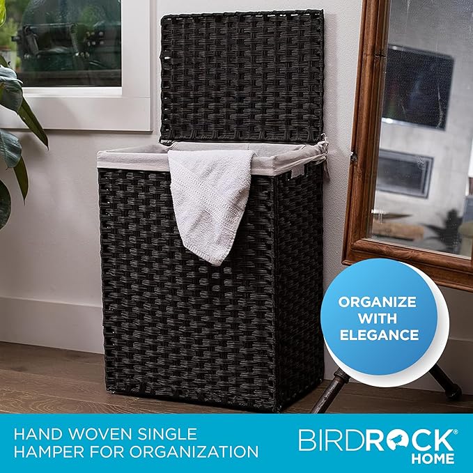 BIRDROCK HOME Laundry Hamper with Lid - Hand Woven PE Rattan Clothes Basket with Removable Liner Bag - Small Collapsible & Foldable Laundry Bin Organizer Storage for Bathroom, Bedroom - Single, Brown