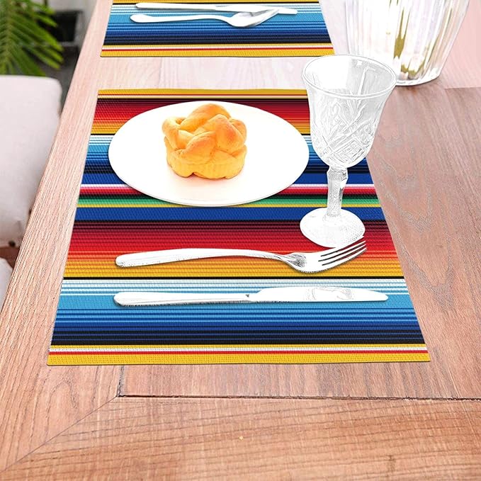 Mexican Placemats Set of 4 Linen 12"x18" Washable Non-Slip Heat-Resistant Rainbow Colorful Stripe Kitchen Table Mats for Dining Outdoor Holiday Party Home Decor