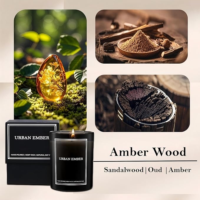 Amber Wood Scented Candle, Aromatherapy Candle for Home Scented - 55 Hours Long Lasting Soy Wax Candle - Strong Fragranced Black Candle Gift for Women & Men, 8 oz