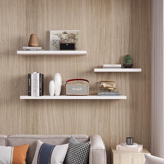 Floating Shelves 24 Inch Wall Shelf Solid Wood Mounted Storage for Bedroom Living Room Set of 2, White Wall Shelves