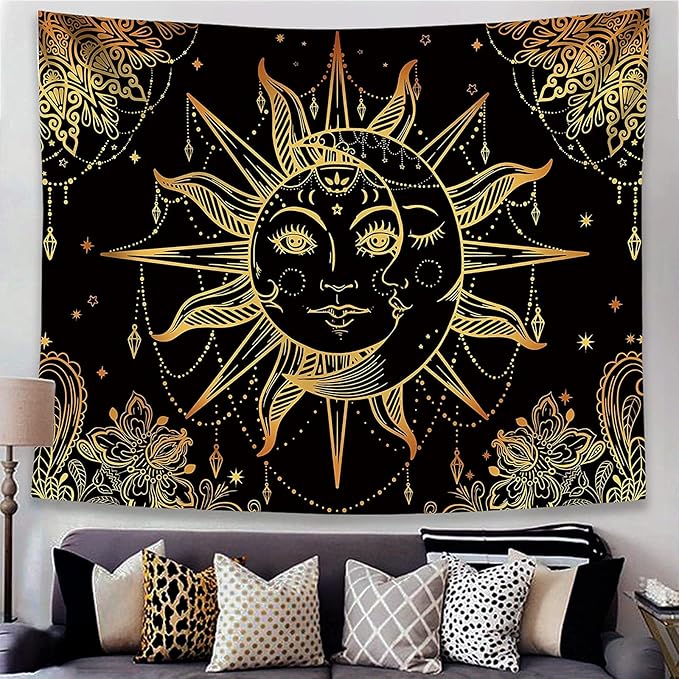 Lunerfex Hippie Sun and Moon Tapestry Bohemian Tapestry Aesthetic Cute Tapestries for Bedroom and Living Room Decor Sun 50×60 Inches
