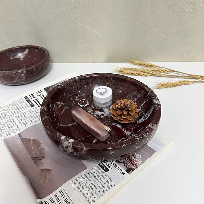 Large Decorative Marble Bowl, 7.87 inches,Natural Stone Round Bowl for Home Decor, Fruit, Nuts, Jewelry tray,Coffee Tables Centerpiece, Soap Serving (Purplered-7.87inch)