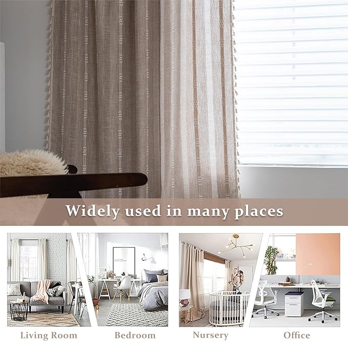 ColorBird Boho Linen Curtains 63 Inch Length, 2 Panels Set Farmhouse Living Room Curtains, Embroidered Striped Tan Boho Drapes for Bedroom Nursery Office