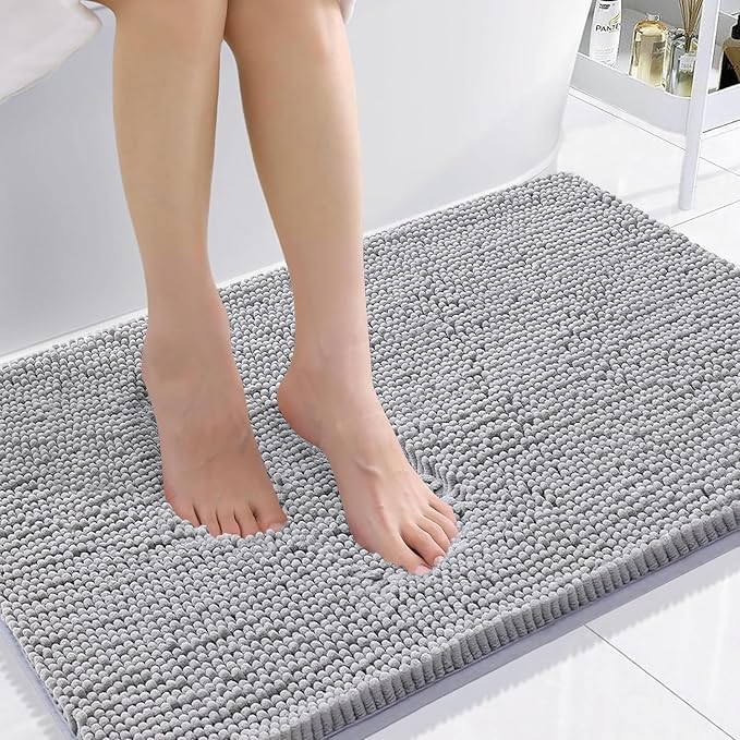 Smiry Luxury Chenille Bath Rug 36''x24'', Extra Soft and Absorbent Shaggy Bathroom Mat Rugs, Machine Washable, Non-Slip Plush Carpet Runner for Tub, Shower, and Bath Room, Light Grey